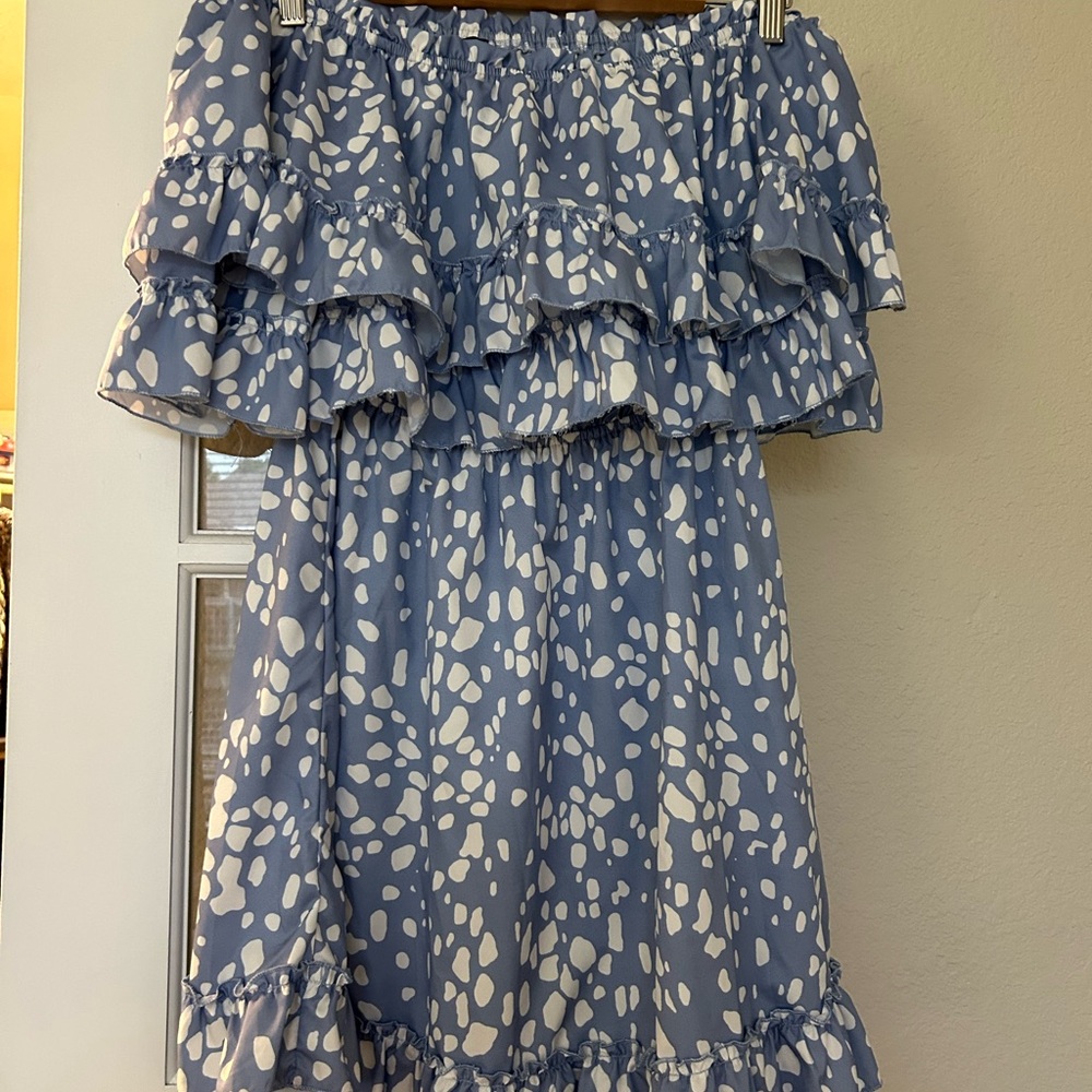 Blue and White Ruffled Off-the-Shoulder Mini Dress